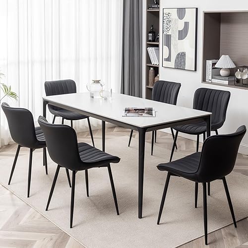 Juego de 6 sillas de comedor de cuero, sillas de comedor tapizadas con patas de metal, silla de comedor moderna para comedor, cocina (negro)