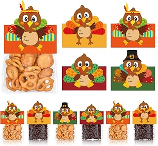 FYSUIMU 60Pcs Thanksgiving Turkey Self-Adhesive Cellophane Treat Bags with Toppers Cute Fall Turkey Cello Candy Bags for Autumn Harvest Party Favors Snack Packing Supplies