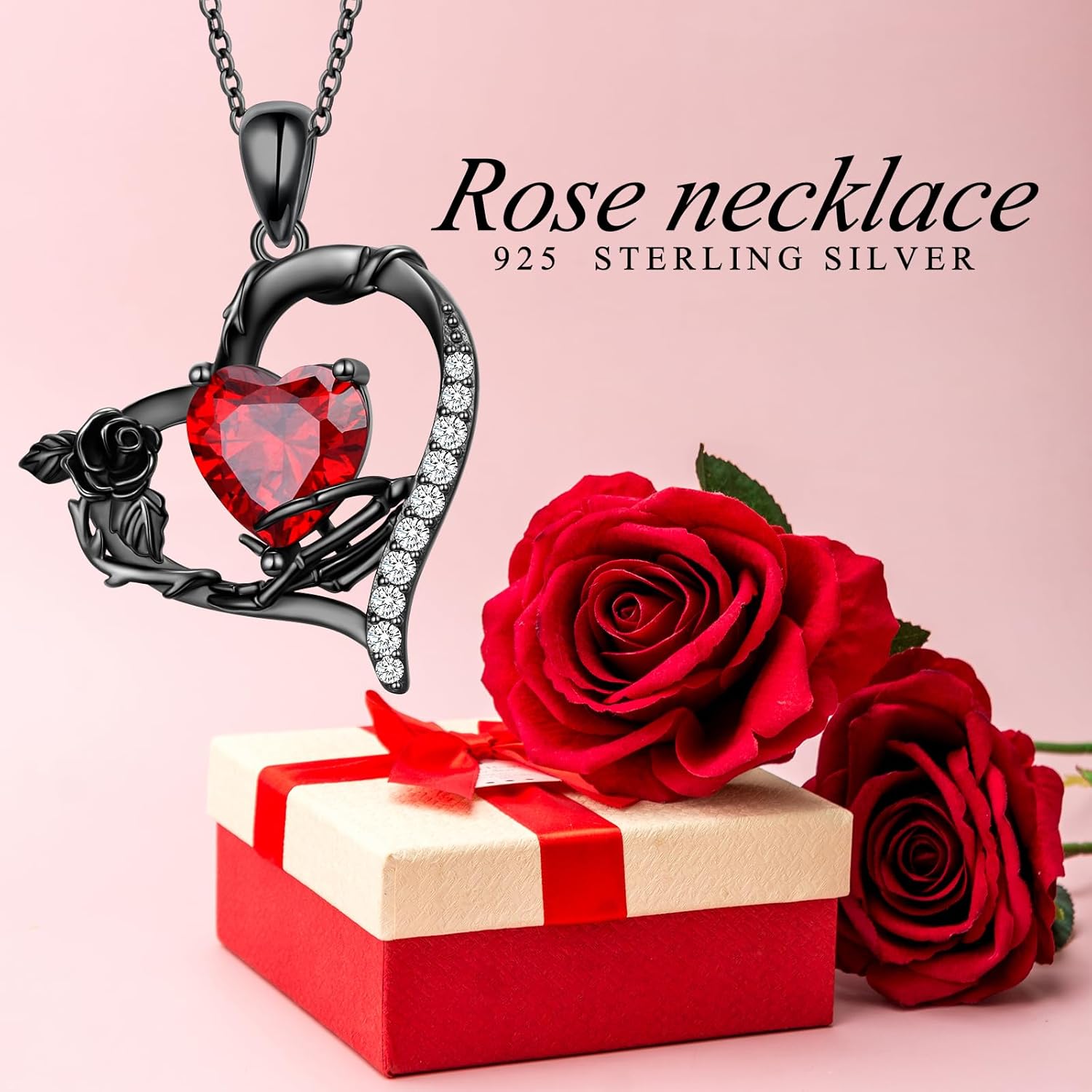 Skeleton Hand Black Rose Necklace 925 Sterling Silver Ruby Heart Pendant Necklace Gothic Jewelry Halloween Easter Gifts for Women - Image 2