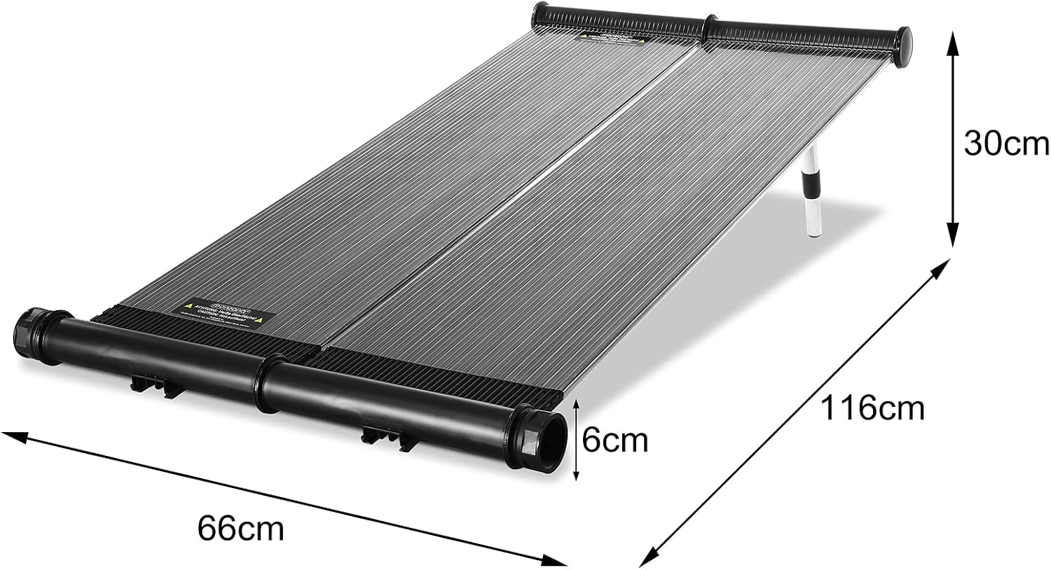 Diagram showing the dimensions of the Monzana Solar Pool Heater: 116 cm length, 66 cm width, 6 cm height, and 30 cm adjustable height