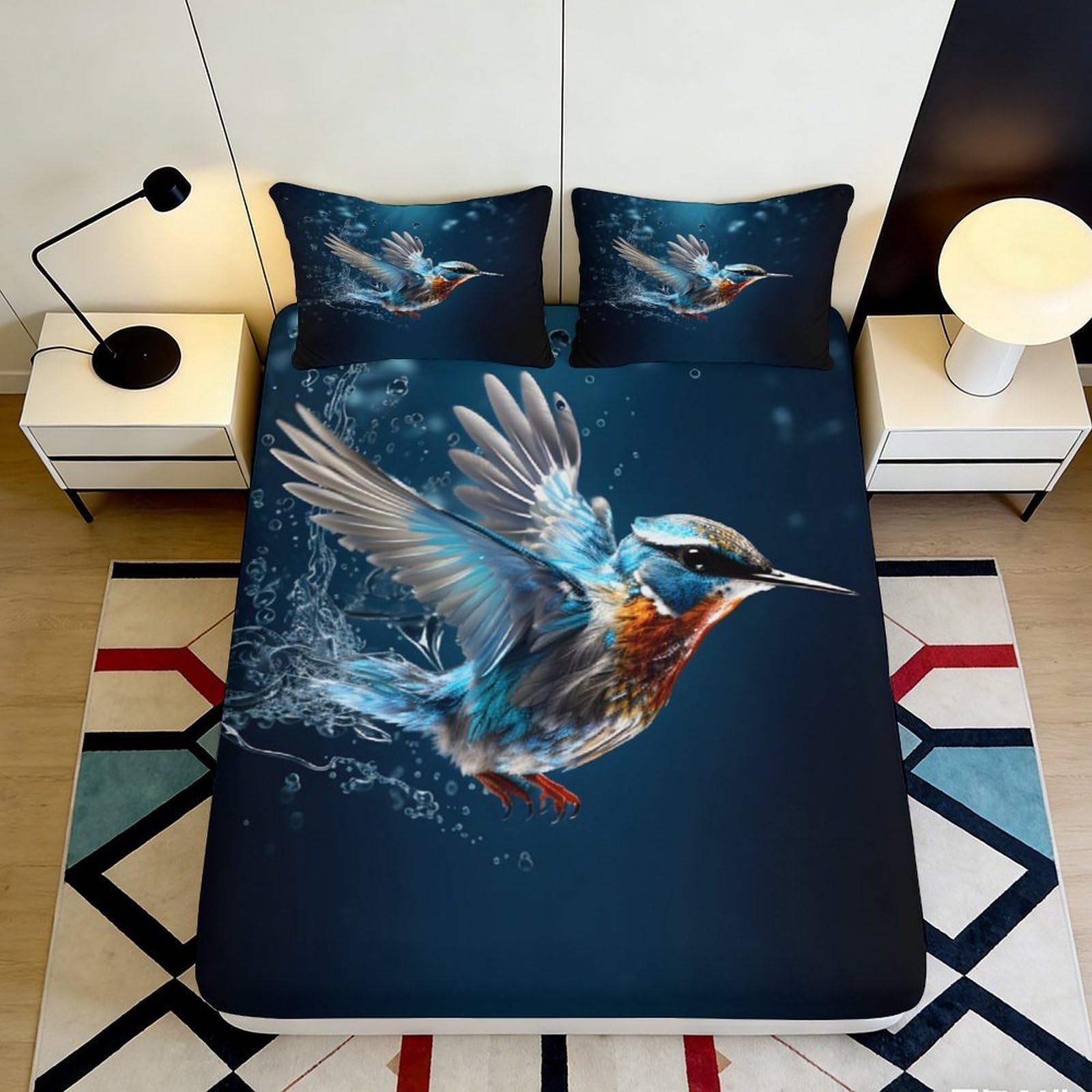 3D Printed Kingfisher Water Splash Fitted Sheet Microfiber Soft Mattress Cover for Bedroom Guest Room Decor 180x200x25cm