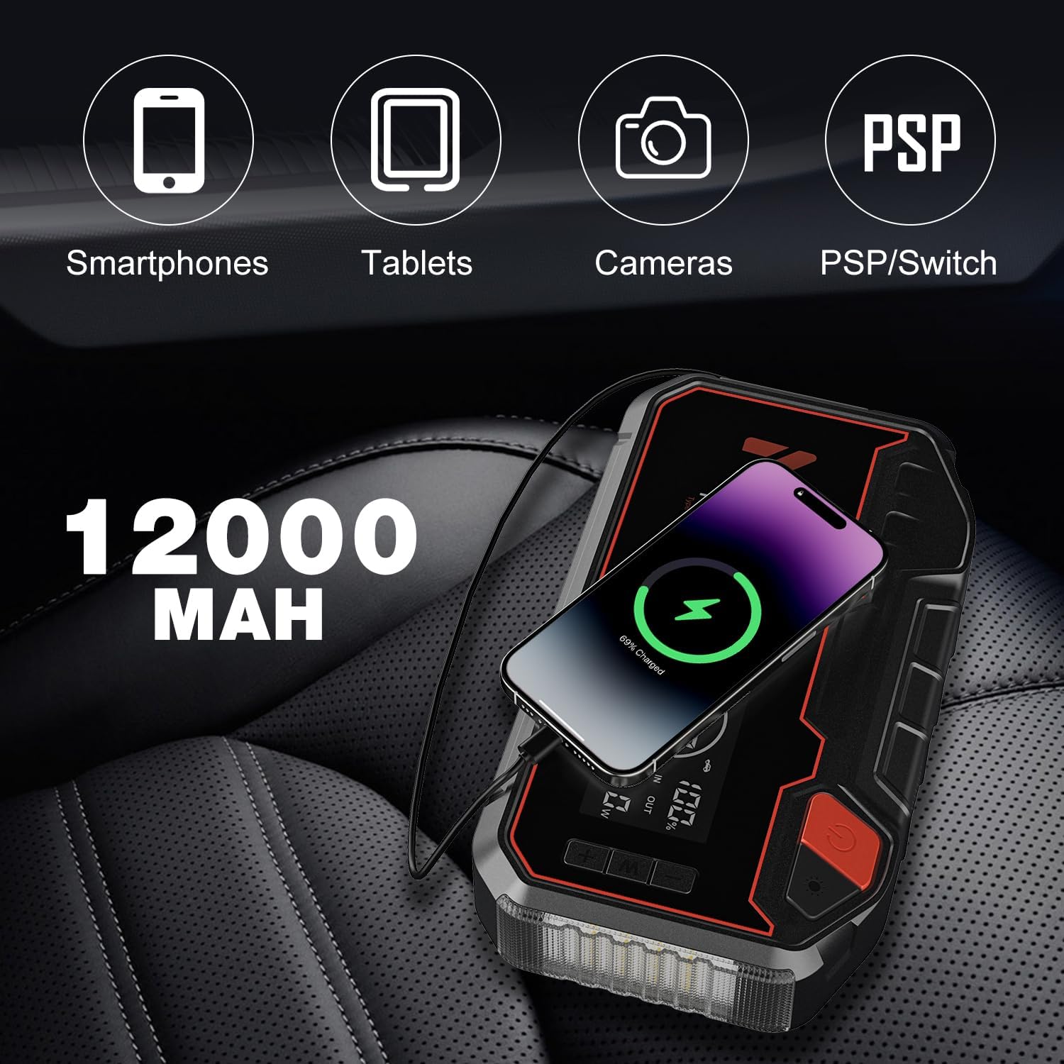 4-in-1 Multifunctional Jump Starter - 12000mAh Car Battery Charger, Power Bank, Air Compressor, LED Light - 2400A Peak Current (Without EV Zipper Bag)