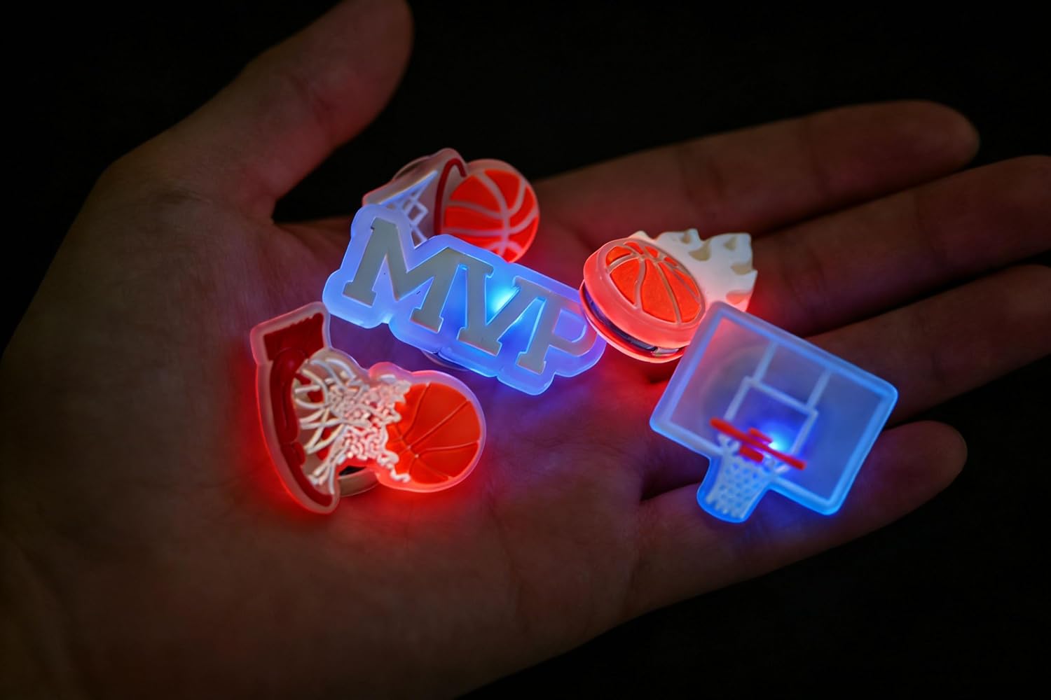 5PCS Basketball Theme Light Up Shoe Charms, Vibration-Activated 3-Color LED Shoe Charms for Clog Shoes, Premium PVC Waterproof Shoe Accessories Gifts for Basketball Fans Kids Teens Adults