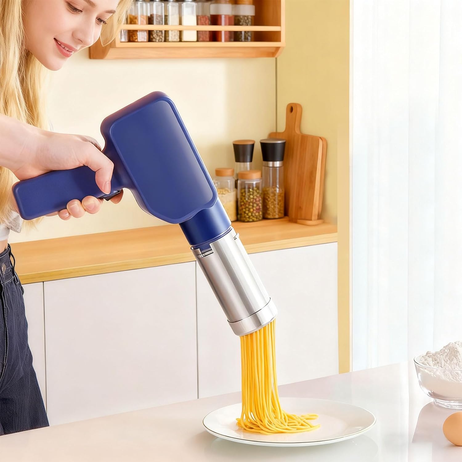 キッチンパスタプレス 5 交換可能なステンレス鋼ダイス自動ヌードルメーカーフラットワイドスクエアスパゲッティ充電式イタリアパスタメー