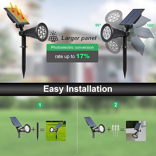 Miniatura 10 de T-SUNUS Paquete de 4 focos solares verdes para paisaje, luces solares IP65 impermeables con 4 luces LED de pared, luz de seguridad de