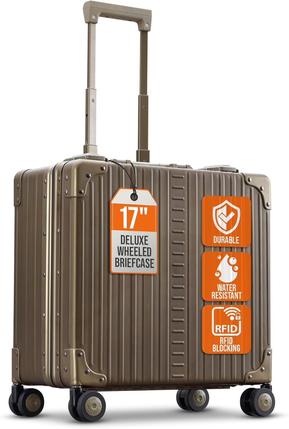 All Aluminum Lightweight 17" Deluxe Rolling Laptop Catalog Case for Men and Women | Vertical Opening Carry-On Bag with TSA Locks & Aircraft-Grade Aluminum Frame - Optimal Travel Companion (Champagne)