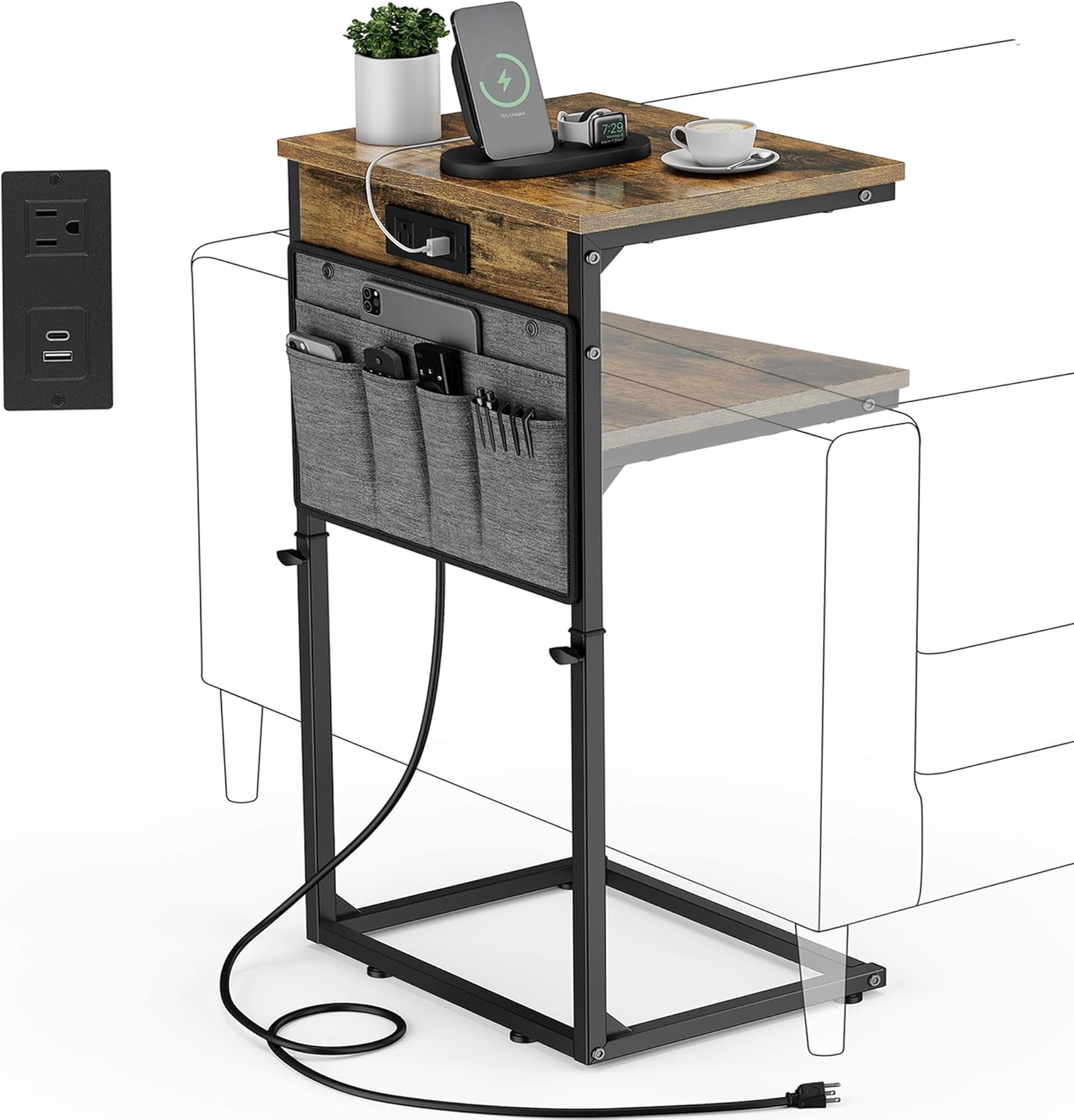 Vagusicc C Shaped End Table with Charging Station, 33" Tall Side Table for Couch, Sofa Table Adjustable Height Small Couch Side C Table, Slide Under Sofa Tray Arm Table for Living Room, Bedroom, Brown