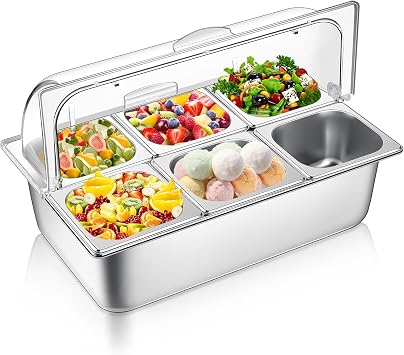 Ziliny Countertop Food Serving Display Container Clear Roll Top Cover 6 Pan Stainless Steel Ice Food Buffet Server Salad Bar Pizza Topping Station Condiment Dispenser Restaurant Kitchen PartySilver