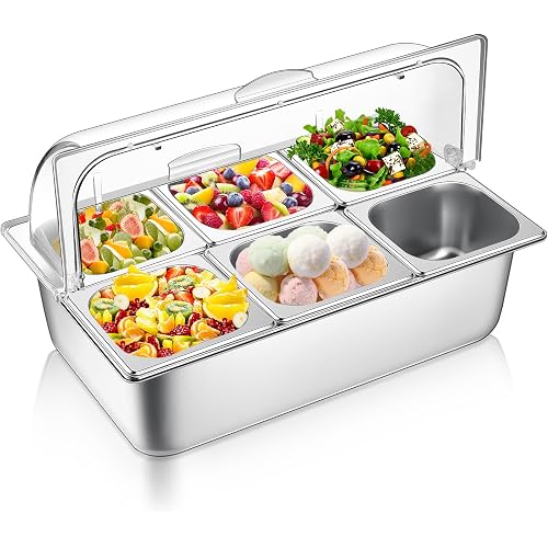 Ziliny Countertop Food Serving Display Container Clear Roll Top Cover 6 Pan Stainless Steel Ice Food Buffet Server Salad Bar Pizza Topping Station Condiment Dispenser Restaurant Kitchen Party(Silver)