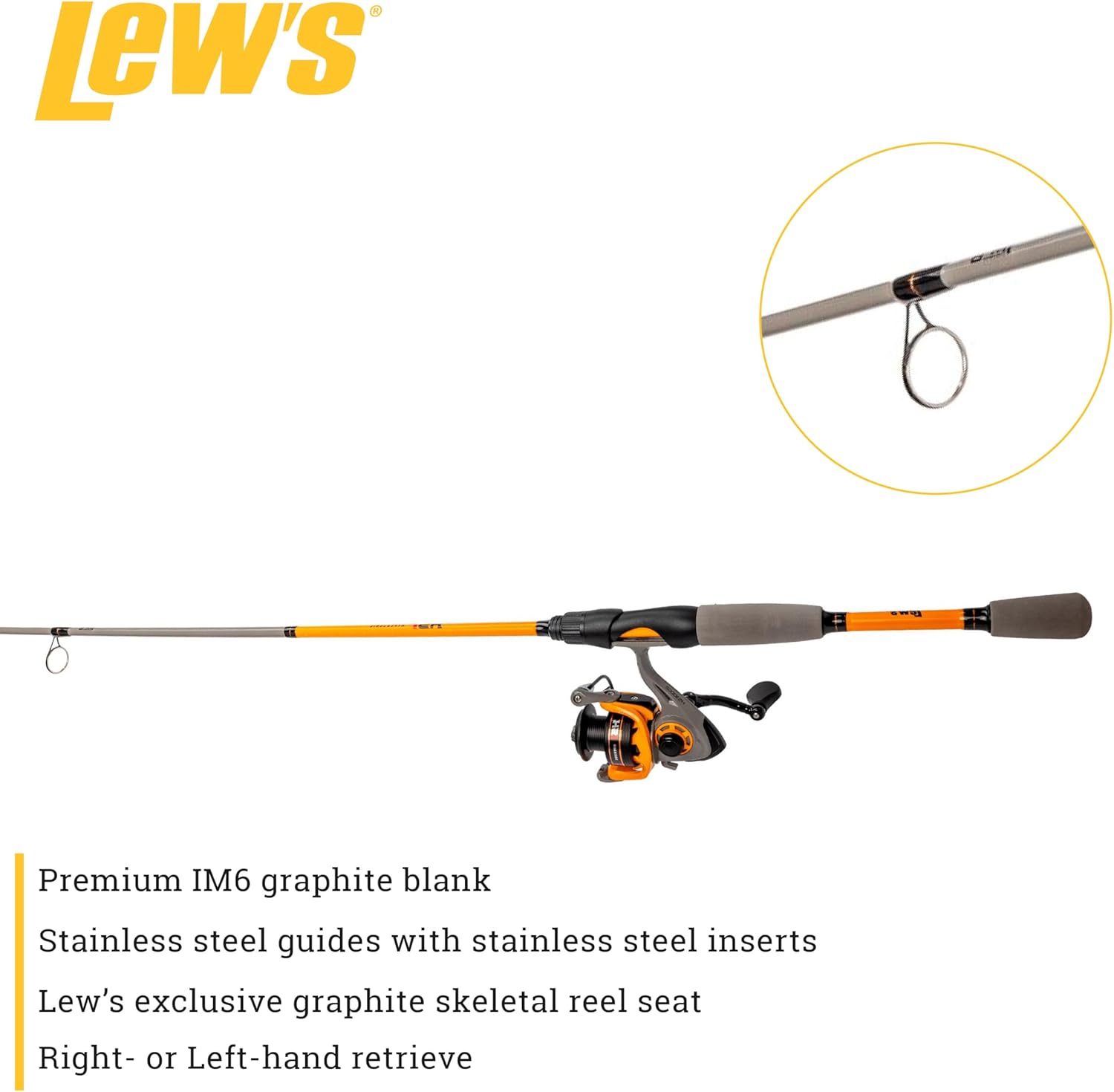 Lew’s Hypersonic Spinning Reel and Fishing Rod Combo, IM6 Graphite Rod with Fast Action, 3+1 Bearings, 5.1:1 Gear Ratio, Speed Lube, Orange/Gray