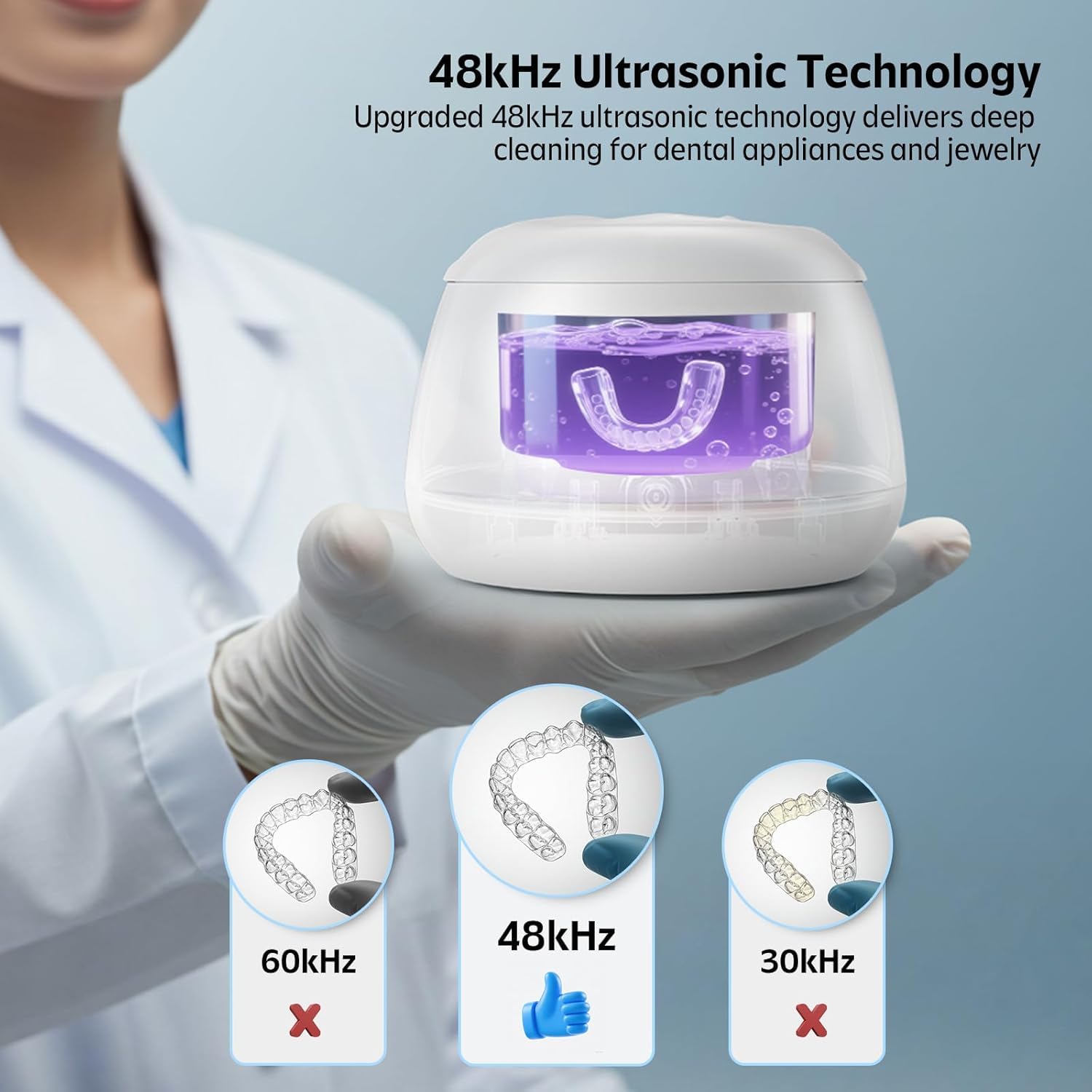Máquina limpiadora ultrasónica de retenedores de 48 kHz para dentaduras postizas y alineadores, para protectores bucales, protectores nocturnos, bandejas dentales, aparatos ortopédicos, cepillos de