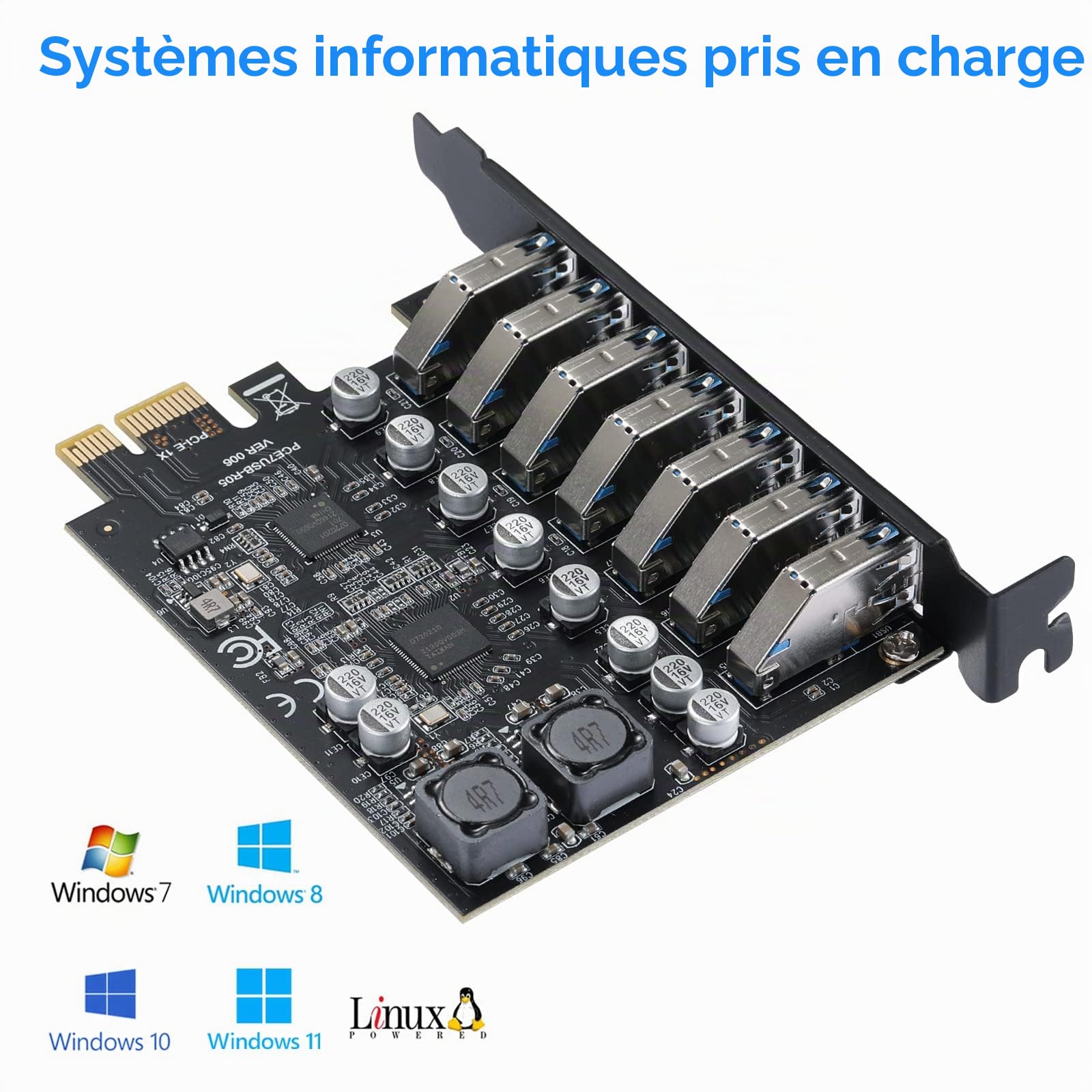 Carte PCIe avec 7 Ports USB 3.0,Carte d'extension PCI Express USB3.2 GEN 1(5 Gbit/s), Support UASP, Plug & Play, pour Windows 11/10/8/7/XP/Vista/Linux
