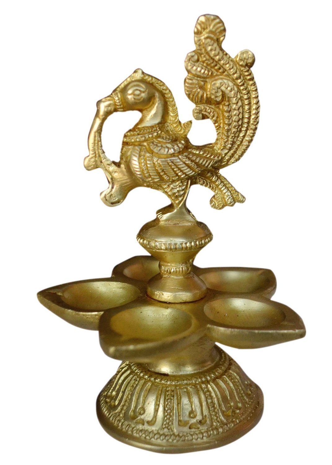 Lampe à huile paon diya en laiton véritable Kuthu Vilakku 5 mèches fait main