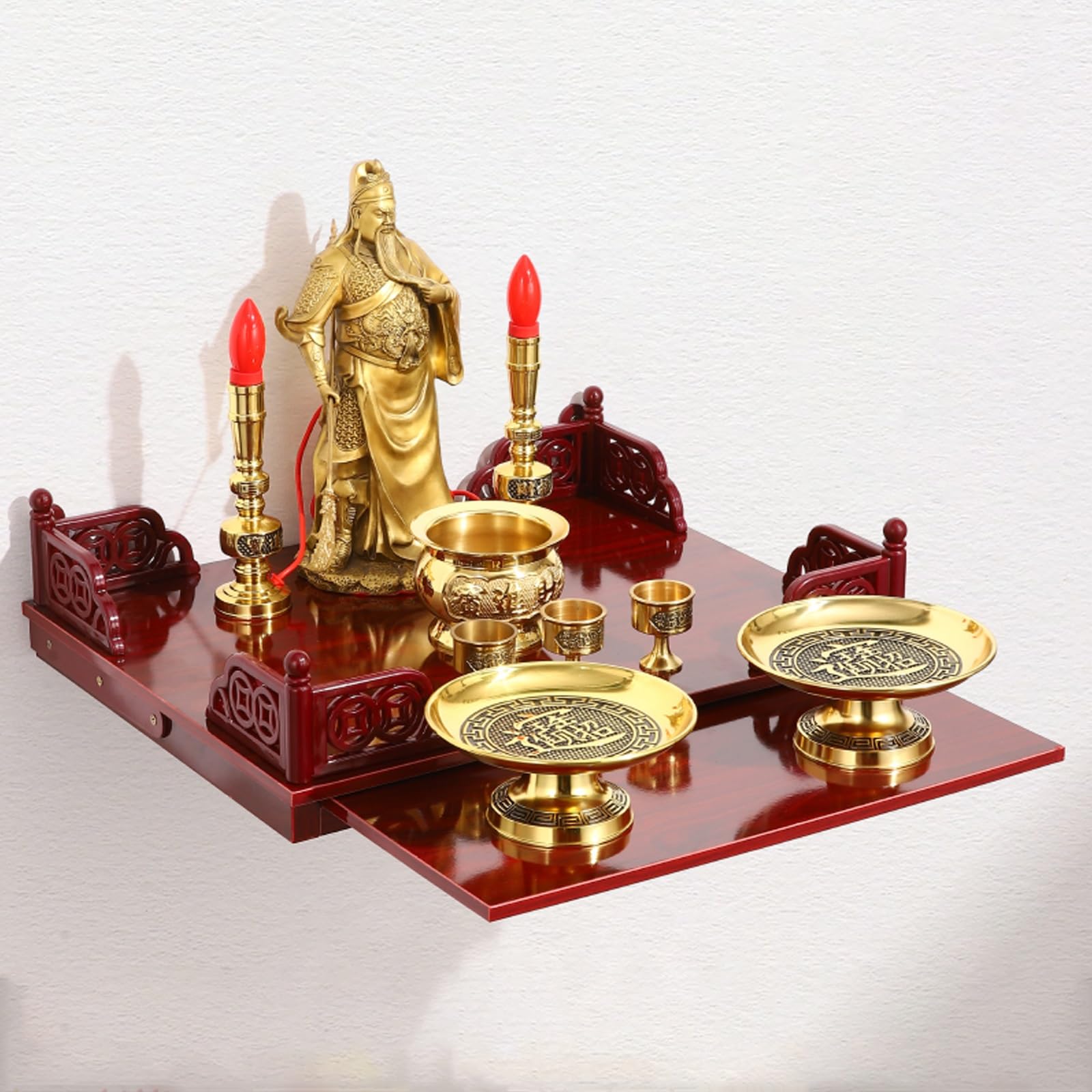 JNTFNE Wall-Mounted wood Personal Shrine Altar Table, Buddha Niche Cabinet, Chinese Fengshui Guan Gong Guanyin Pooja Statue Display Stand Shelf(No.14)