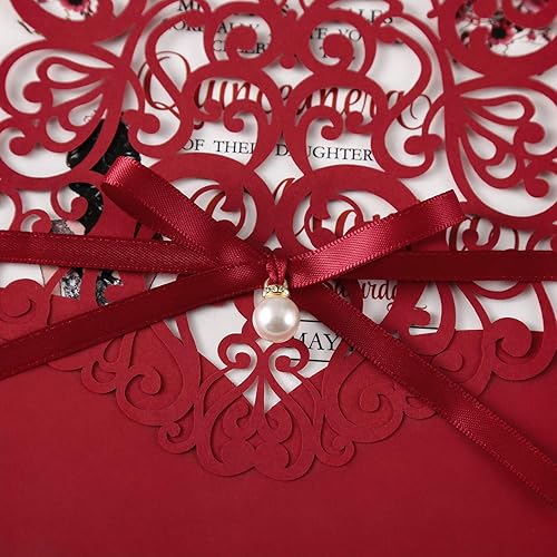 Miniatura 8 de DreamBuilt - Tarjetas de invitación de estilo clásico vertical con listones y adornos de perlas