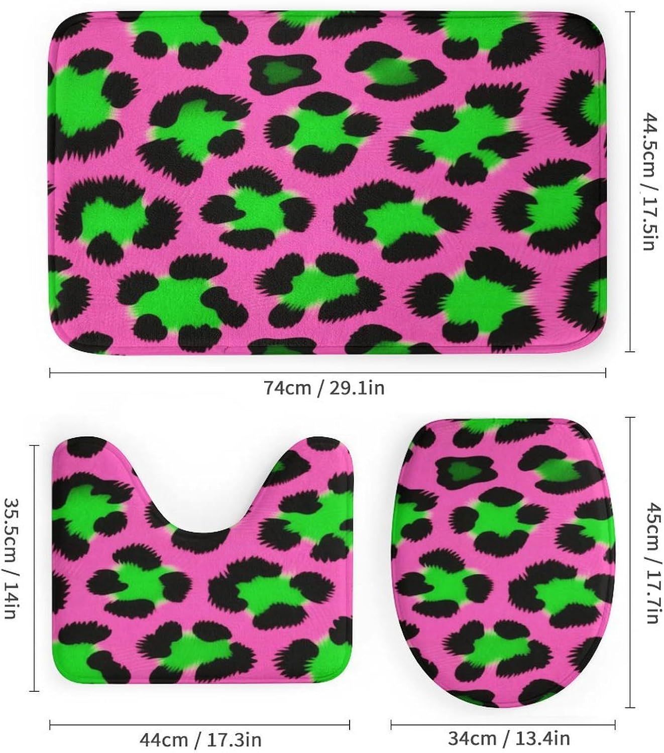 Digital Neon Leopard Print Bath Rug Set 4 Piece,Bathroom Accessories Set-Toilet Rugs U Shaped,Toilet Lid Cover,Shower Curtain and Rugs,Ultra Soft, Absorbent,Home Decor