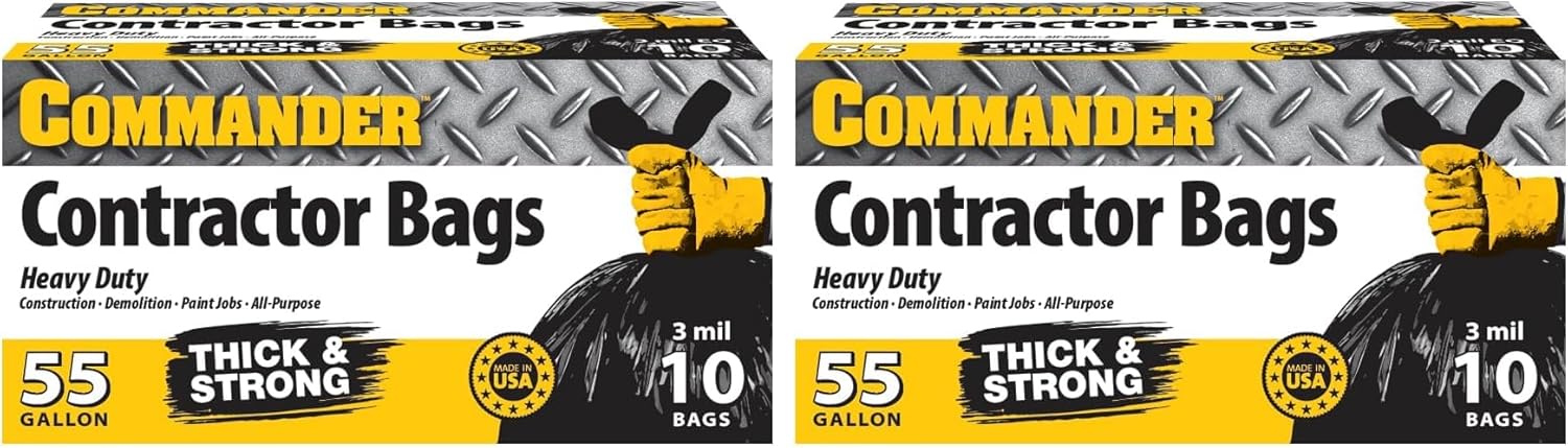 Commander 55 Gallon 3 MIL (eq) Heavy Duty Contractor Bags with Flap Ties - 36" x 56" with flaps - For Contractor,Industrial,& Outdoor,(Pack of 20)