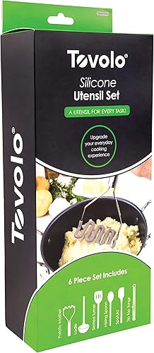 Miniatura 46 de Tovolo Juego de 6 utensilios de cocina de silicona, cucharón verde pesto ranurado, espátula, espátula, raspador, cuchara mezcladora y triturador