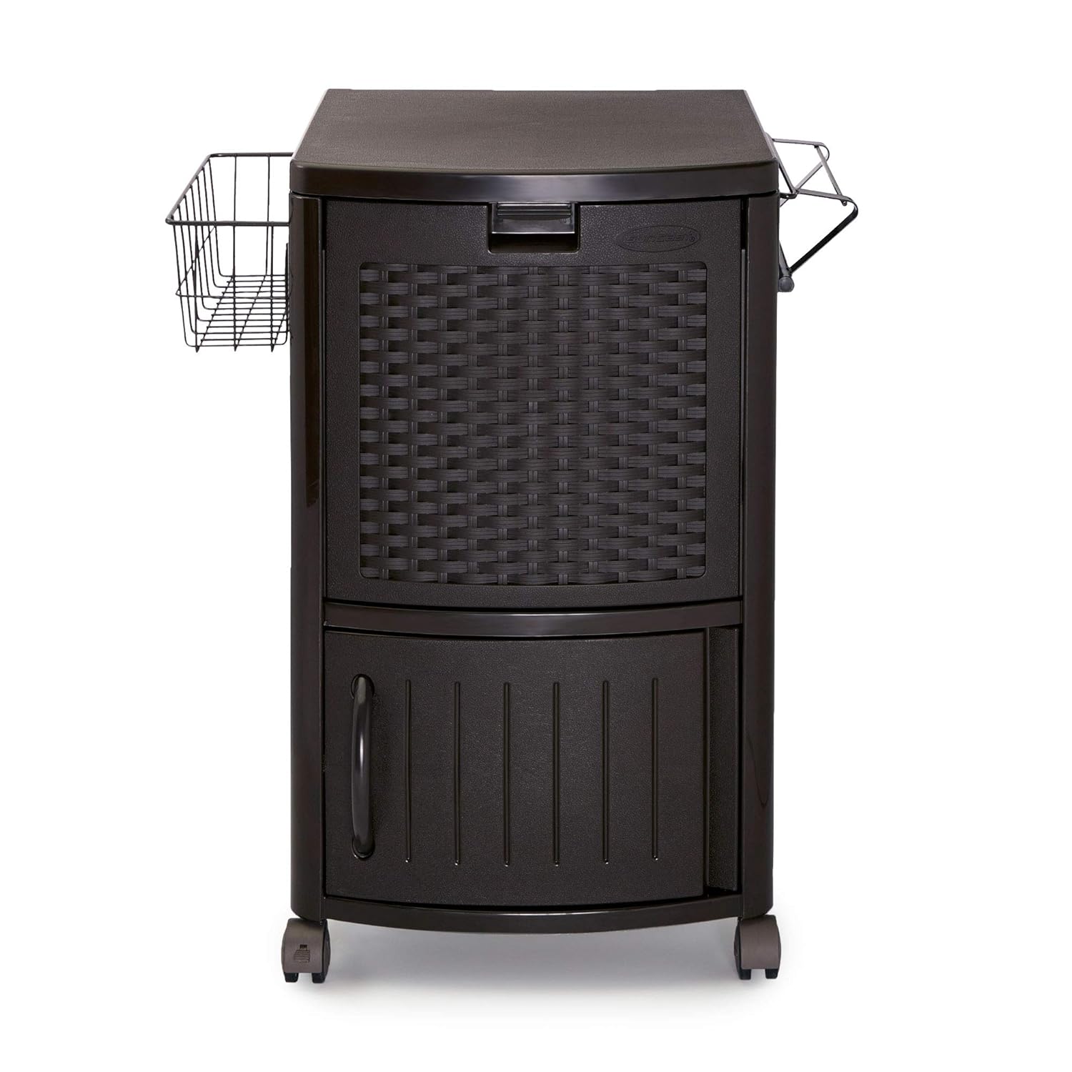 Suncast 33 Gal Hideaway Plastic Outdoor Backyard Garbage Can with Secure Lid, Brown and 77 Quart Resin Wicker Patio Cooler with Cabinet & Wire Basket