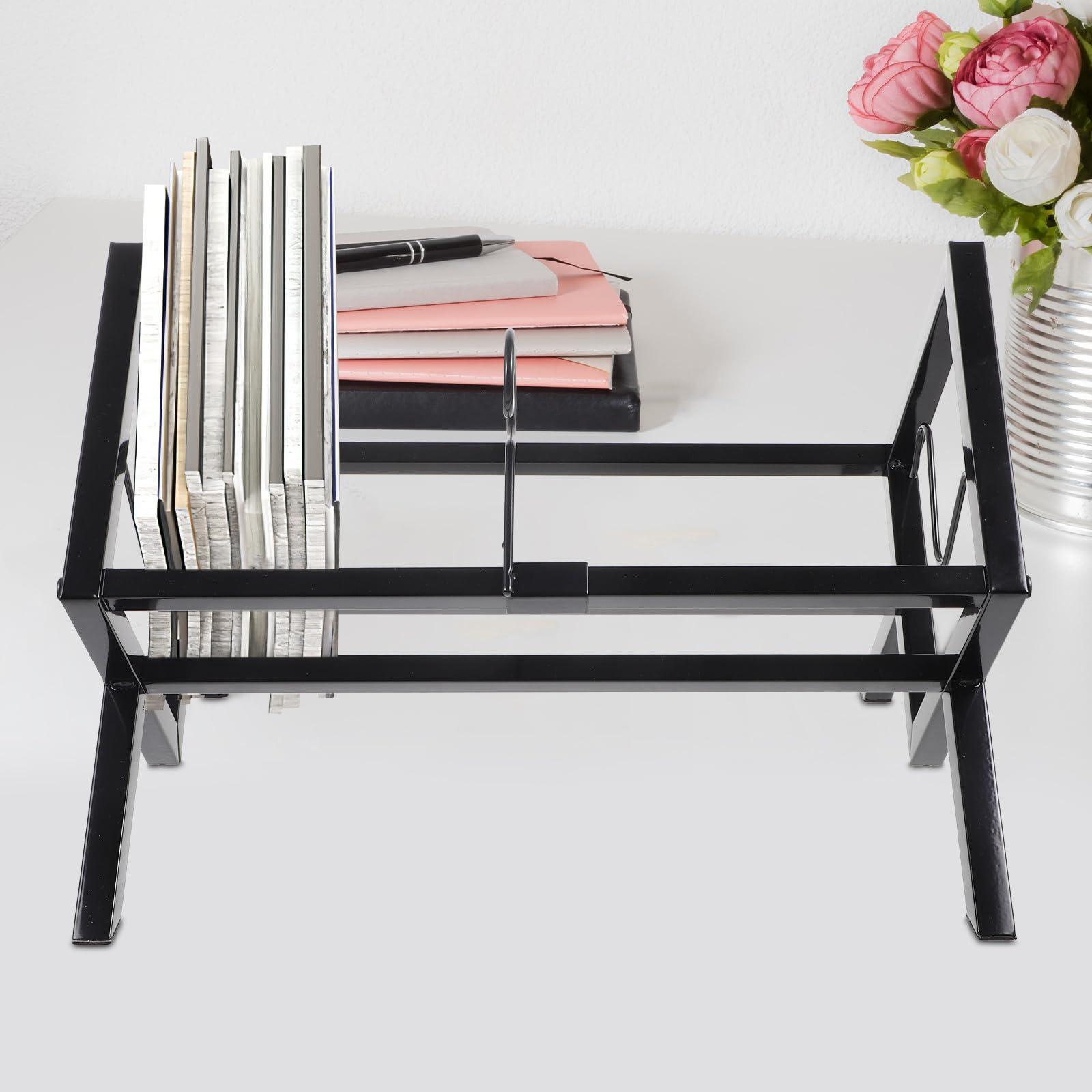 Scaffale Porta Dischi in Vinile in Metallo Nero Grande Capacità, Supporto da Tavolo per Casa e Ufficio, per Esposizione di Vinili e Riviste