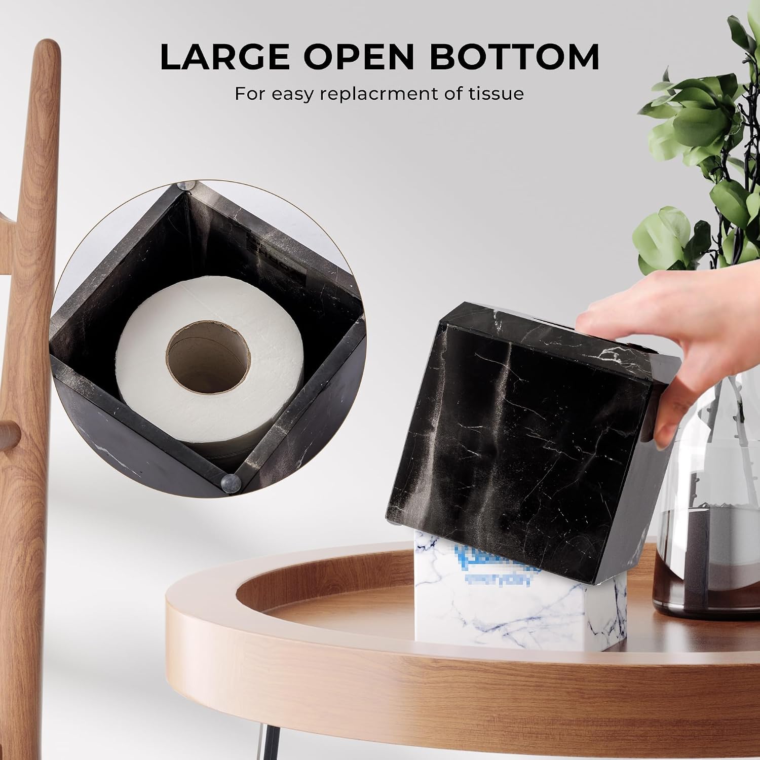Tissue Box Cover Italy Natural Marble Heavy Duty Square Facial Toilet Paper Holder for Bathroom Living Room Bedroom Dresser Kitchen Minimalistic Office Home Decor Black (WH013)