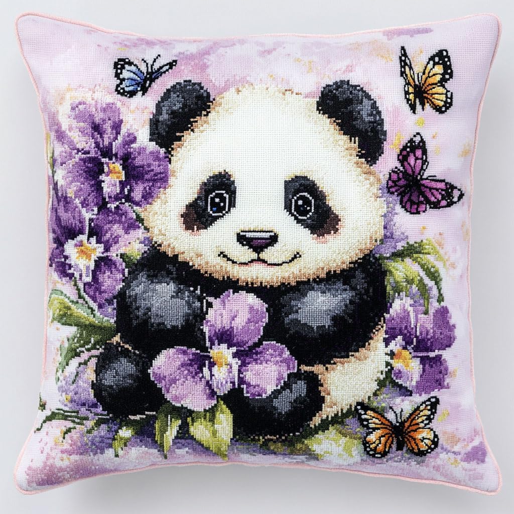 Stamped Cross Stitch Pillow Kits, Cartoon Panda 11CT Cross Stitch Cushion Cover Embroidery Kit Pillow Cases Counted Needlepoint Handmade Cushion Cover for Home Decor 18x18inch