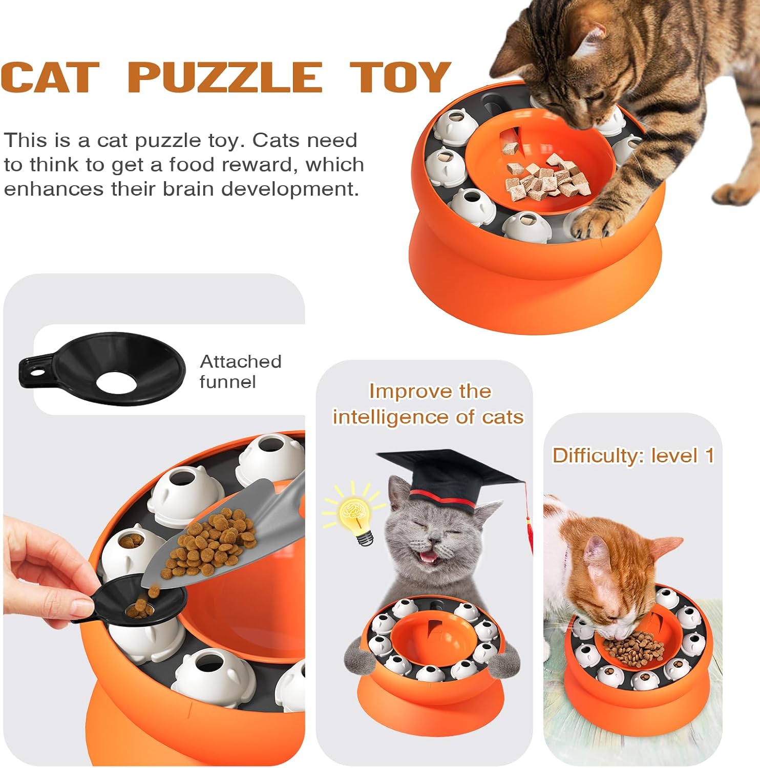 Interactive Cat Puzzle Feeder, Cat Puzzle Toy Treat Dispenser Kitten, Enrichment Toys for Indoor Cats, Slow Feeder Treat Puzzle Toys Cats Stimulation Toys(Orange) image 4