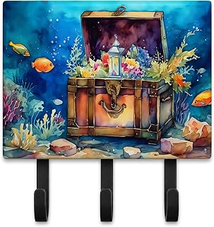Caroline's Treasures Treasure Chest Decorative Ceramic Triple Wall Hook | Treasure Chest artwork on ceramic tile with three steel hooks for keys, leashes, towels