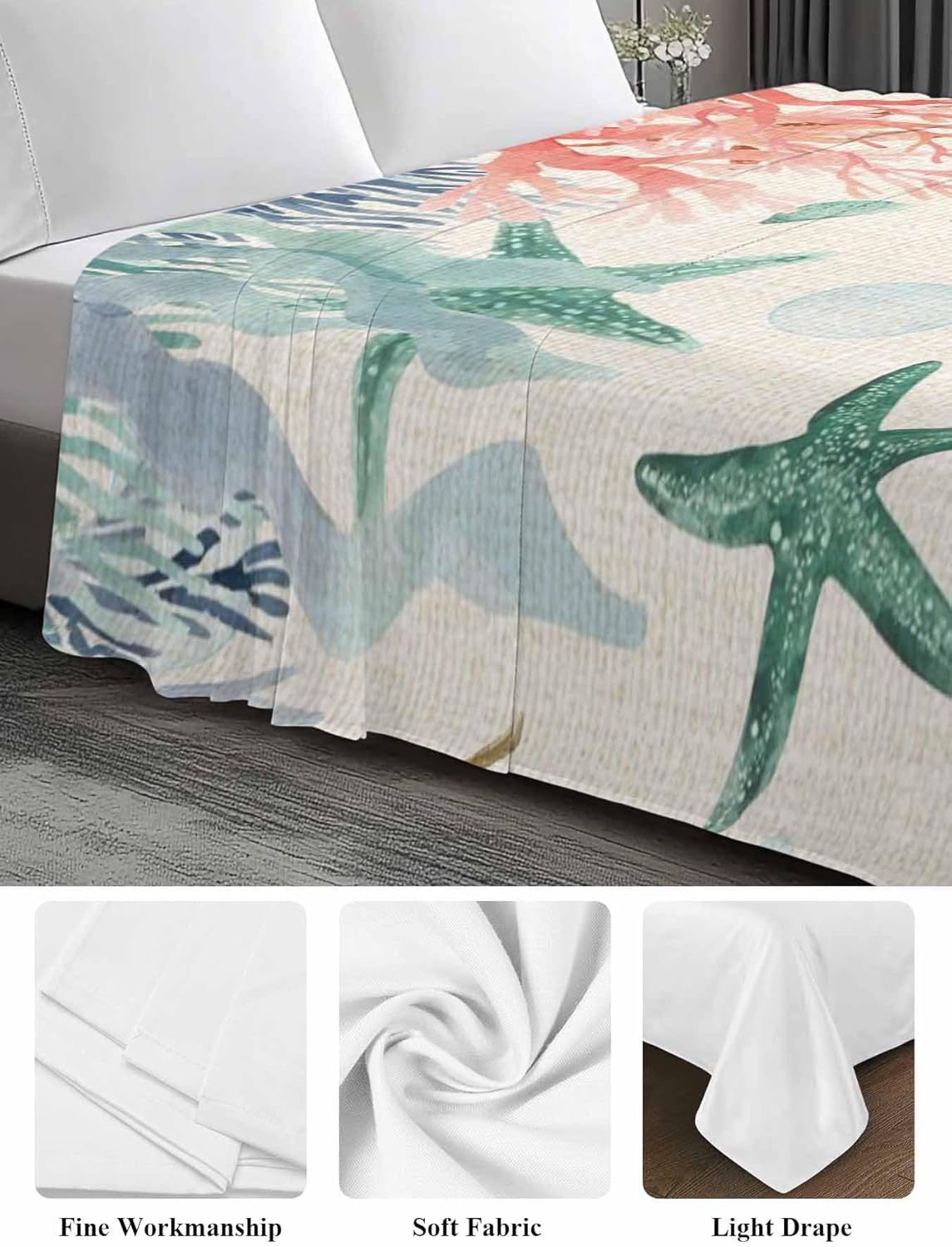 Top Sheet Full Bedding Flat Sheet Only, Vintage Marine Life Corals Microfiber Bed Sheets Soft Breathable Bedding Flat Sheets, Green Blue Brown Sea Stars Hotel Luxury Top Sheets