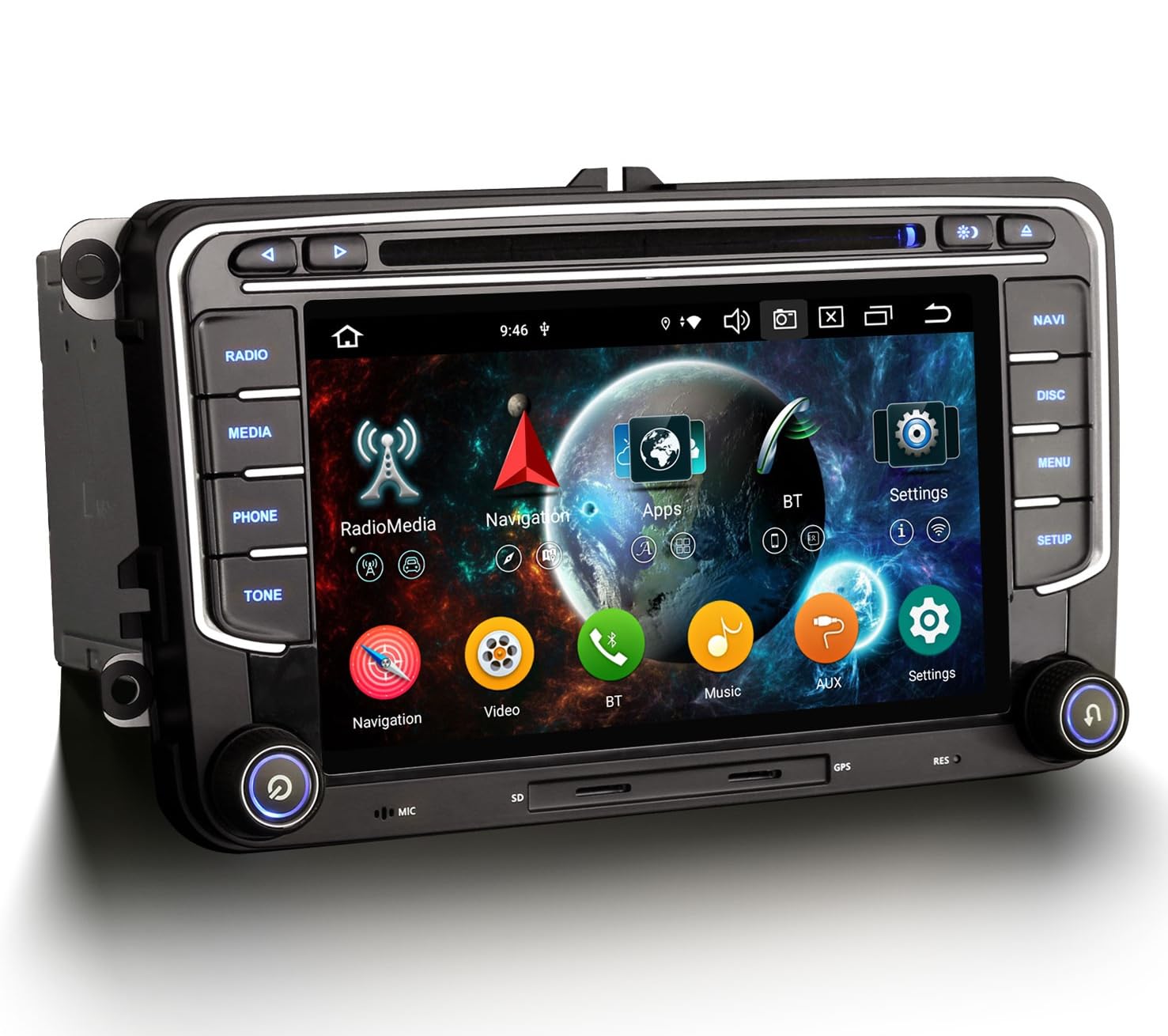 Erisin 8-Core 4GB+64GB Android 14 Radio Coche Bluetooth GPS Navegador for VW Golf 5/6 Passat Polo 6R Tiguan Touran Caddy T5 Sharan Seat Skoda CarPlay Android Auto Dab+ WiFi DSP USB FM RDS CD DVD