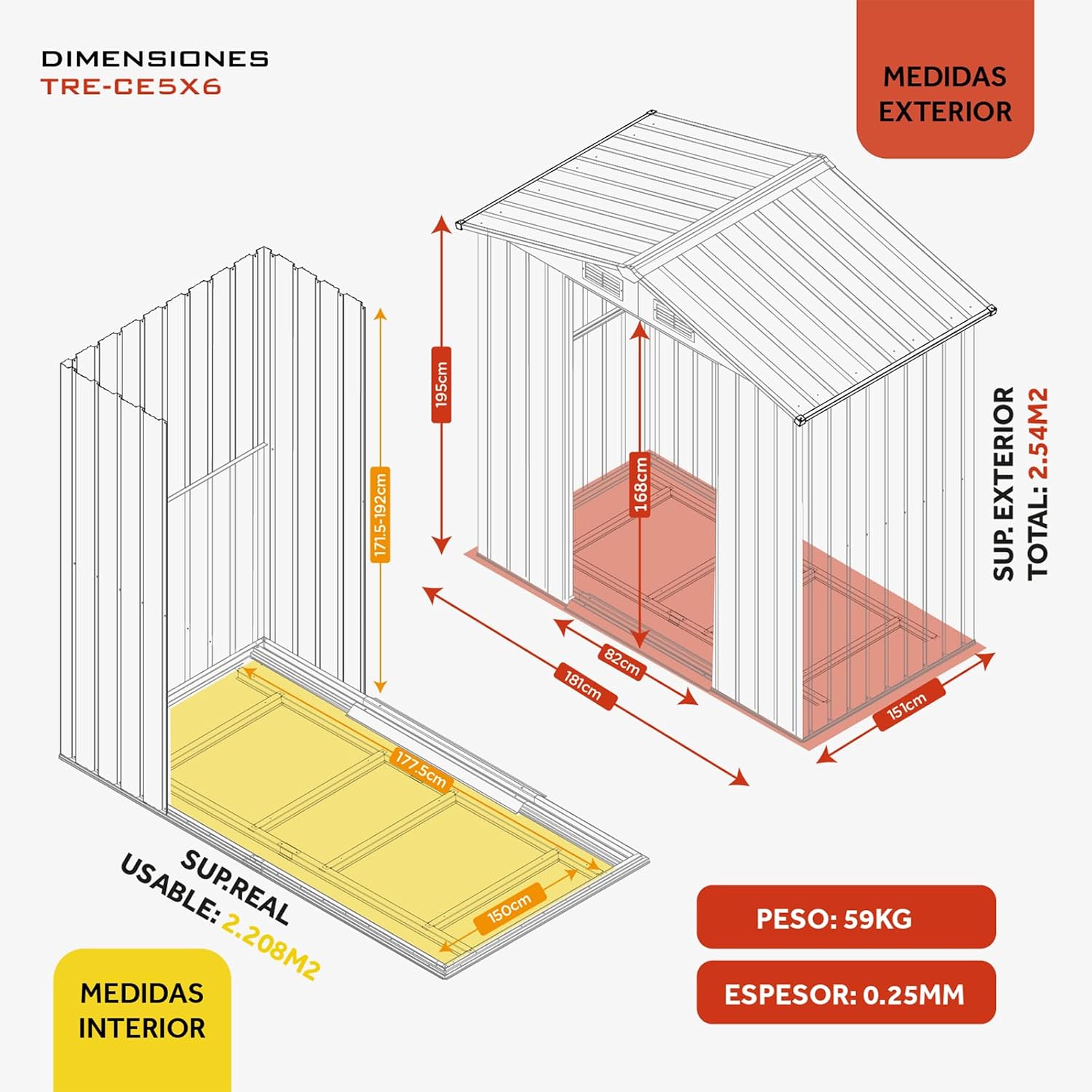 Detailed diagram showing external and internal dimensions of the TRENT shed, including height, width, and depth measurements.