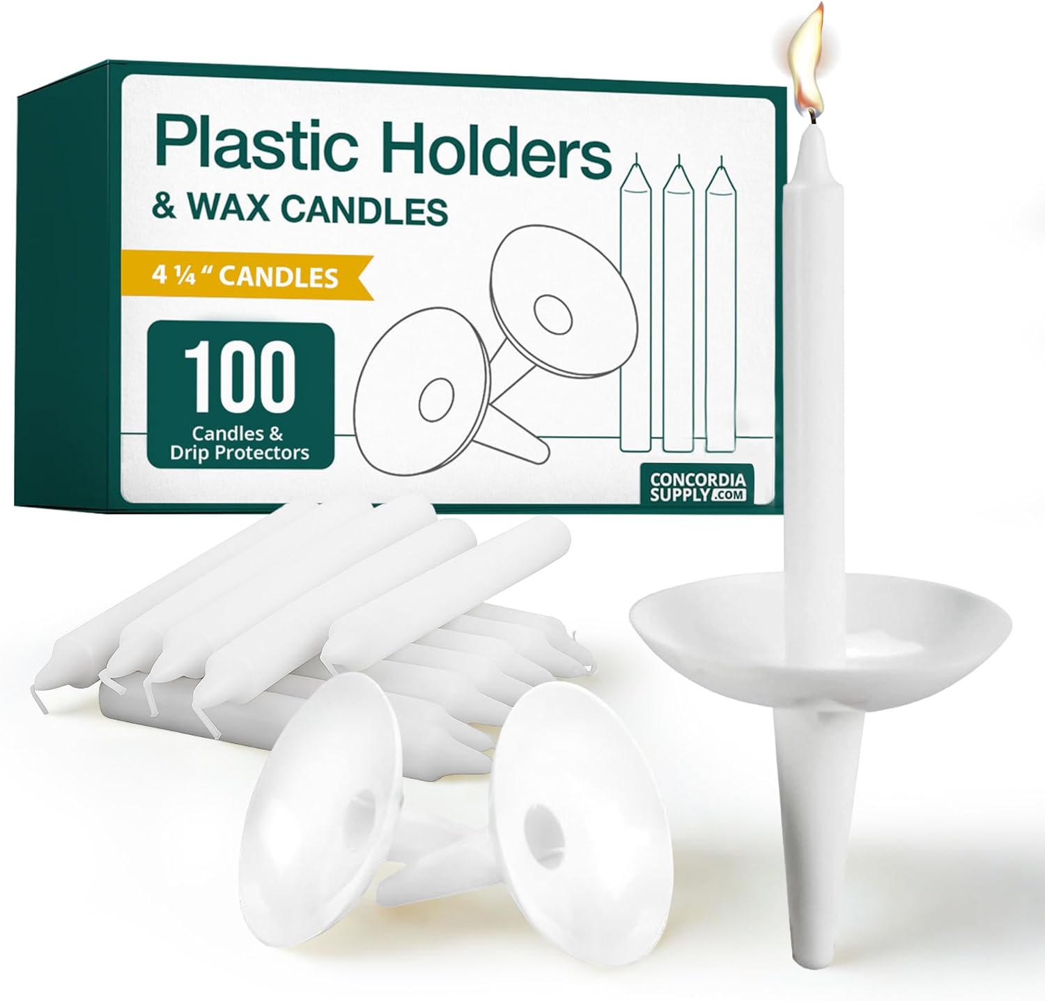 Concordia Supply Plastic Holder Candle Drip Protectors with 4.25" x 1/2" Candles - Easy to Hold White Plastic Candle Holders - Ideal for Candlelight, Memorial, & Congregational Services - Set of 100