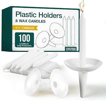 Concordia Supply Plastic Holder Candle Drip Protectors with 4.25" x 1/2" Candles - Easy to Hold White Plastic Candle Holders - Ideal for Candlelight, Memorial, & Congregational Services - Set of 100