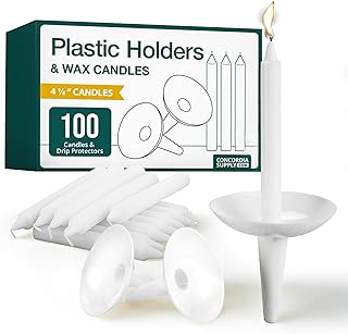 Concordia Supply Plastic Holder Candle Drip Protectors with 4.25" x 1/2" Candles - Easy to Hold White Plastic Candle Holders - Ideal for Candlelight, Memorial, & Congregational Services - Set of 100