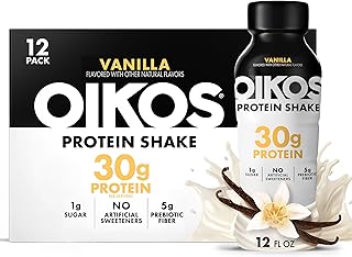 Oikos - Batidos de proteína, sabor vainilla, bebidas listas para tomar con 30 g de proteína, no requiere refrigeración, con 5 g de fibra prebiótica, 12 botellas de 12 fl oz