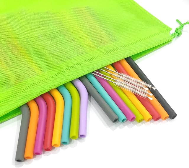 TSHAOUN 16 Pieces Silicone Straws Reusable, 8 Bend + 8 Straight Colorful Drinking Straws, Regular Size Smoothie Straws Soft Flexible Silicone Straw with 2 Cleaning Brushes and Storage Bag (Multicolor)