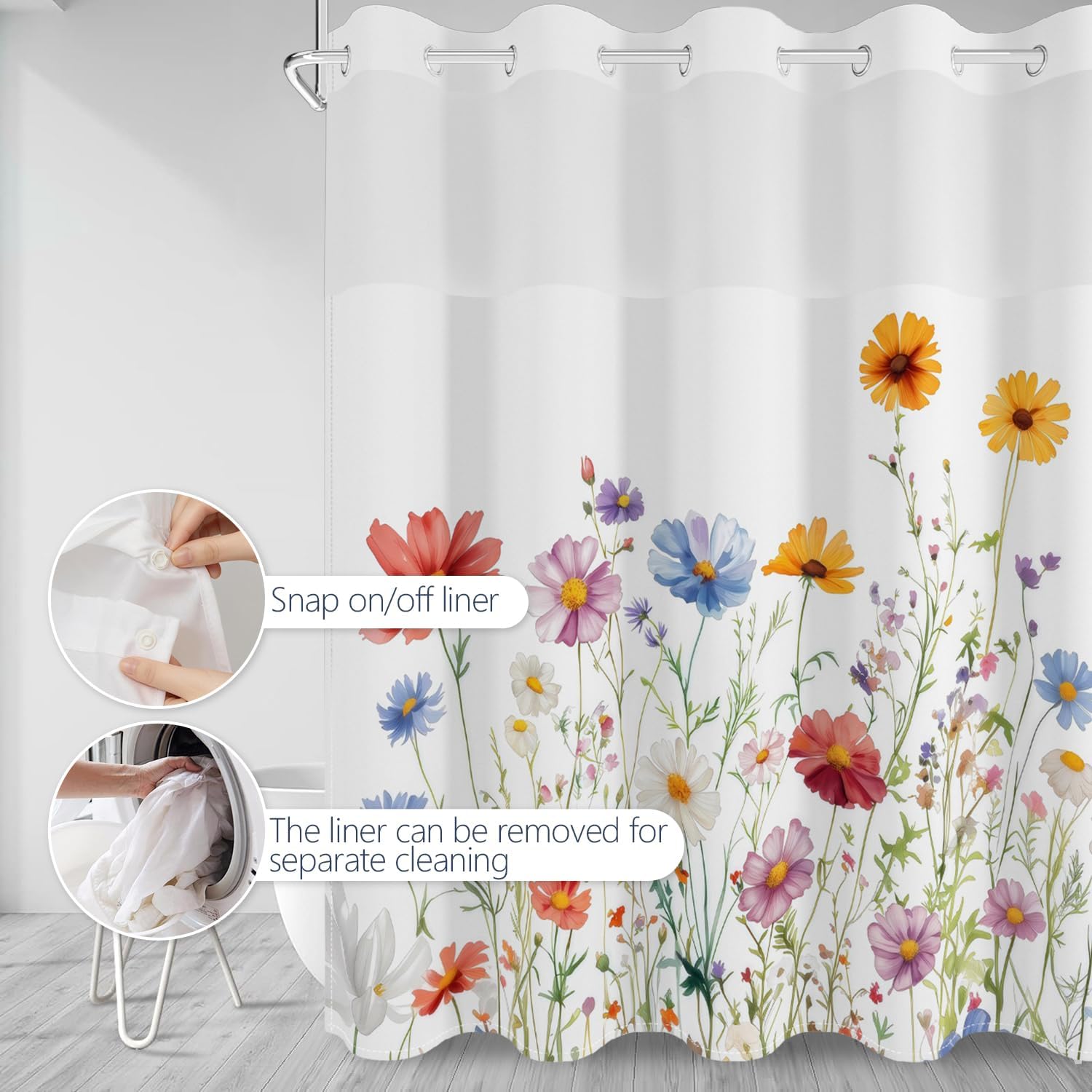 Colorful Boho Floral Botanical No Hook Shower Curtain and Liner Set image 5