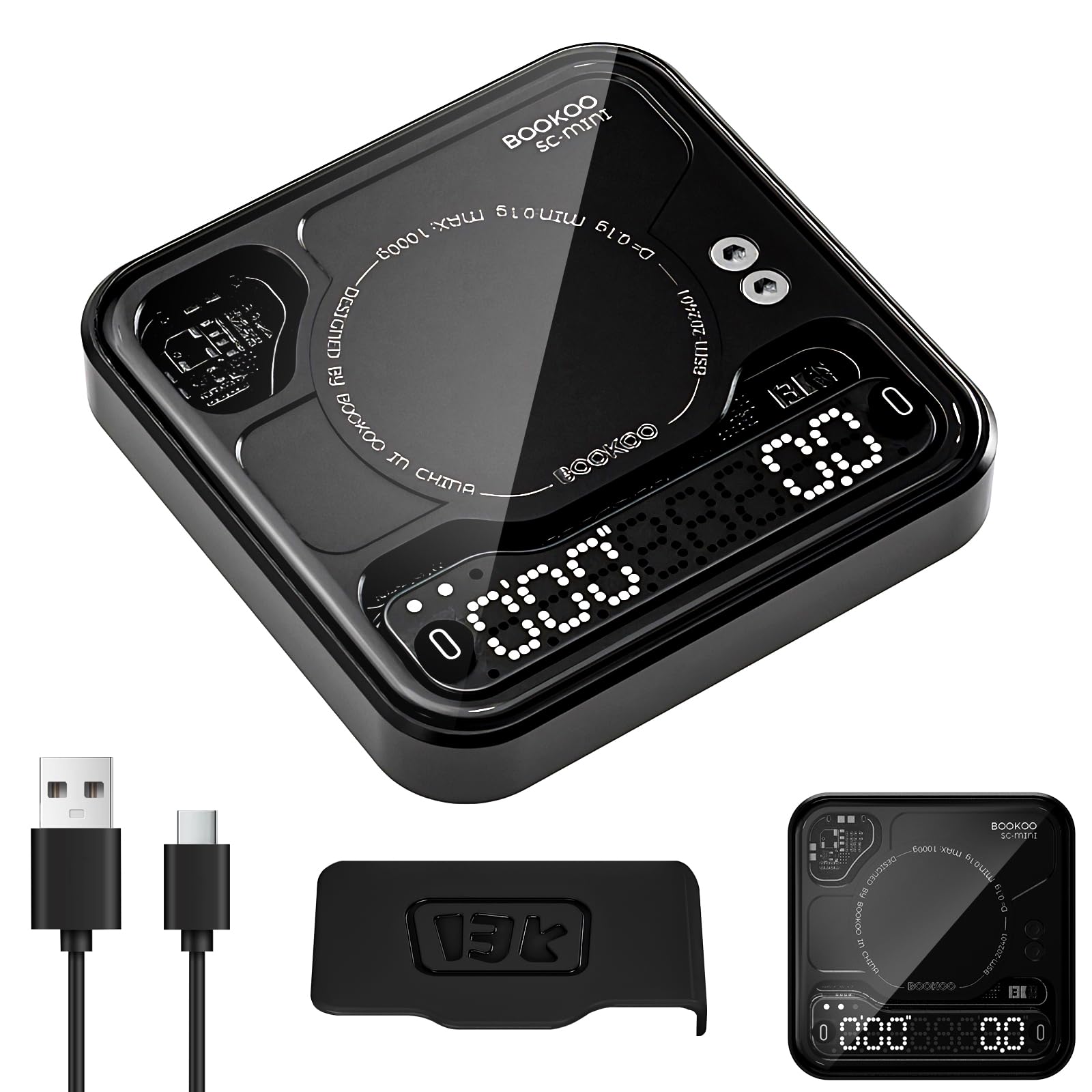 BOOKOO Báscula de Café con Temporizador, 0,1 g & 0,1 g/s de Alta Precisión, USB Recargable Báscula de Espresso, 3 Modos, Conexión Bluetooth App, Mini Báscula Precisión para Café Espresso y Pour-Over