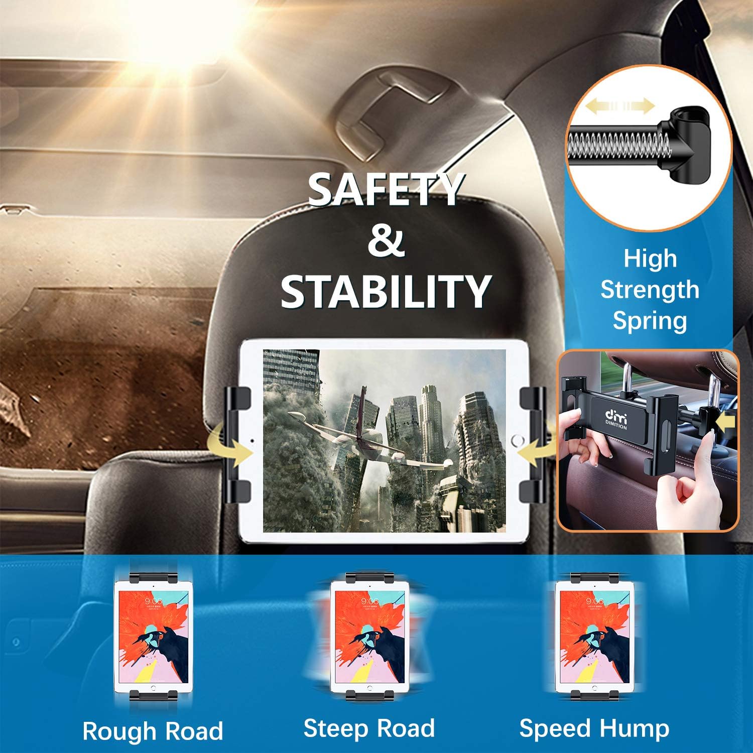 Tablet Holder for Car, DM Car Tablet Holder Back Seat for Kids, Headrest Tablet Holder Car Mount Compatible with iPad/Samsung Galaxy Tab/Switch/Kindle Fire/Microsoft Surface/Mobile Phone (Black)