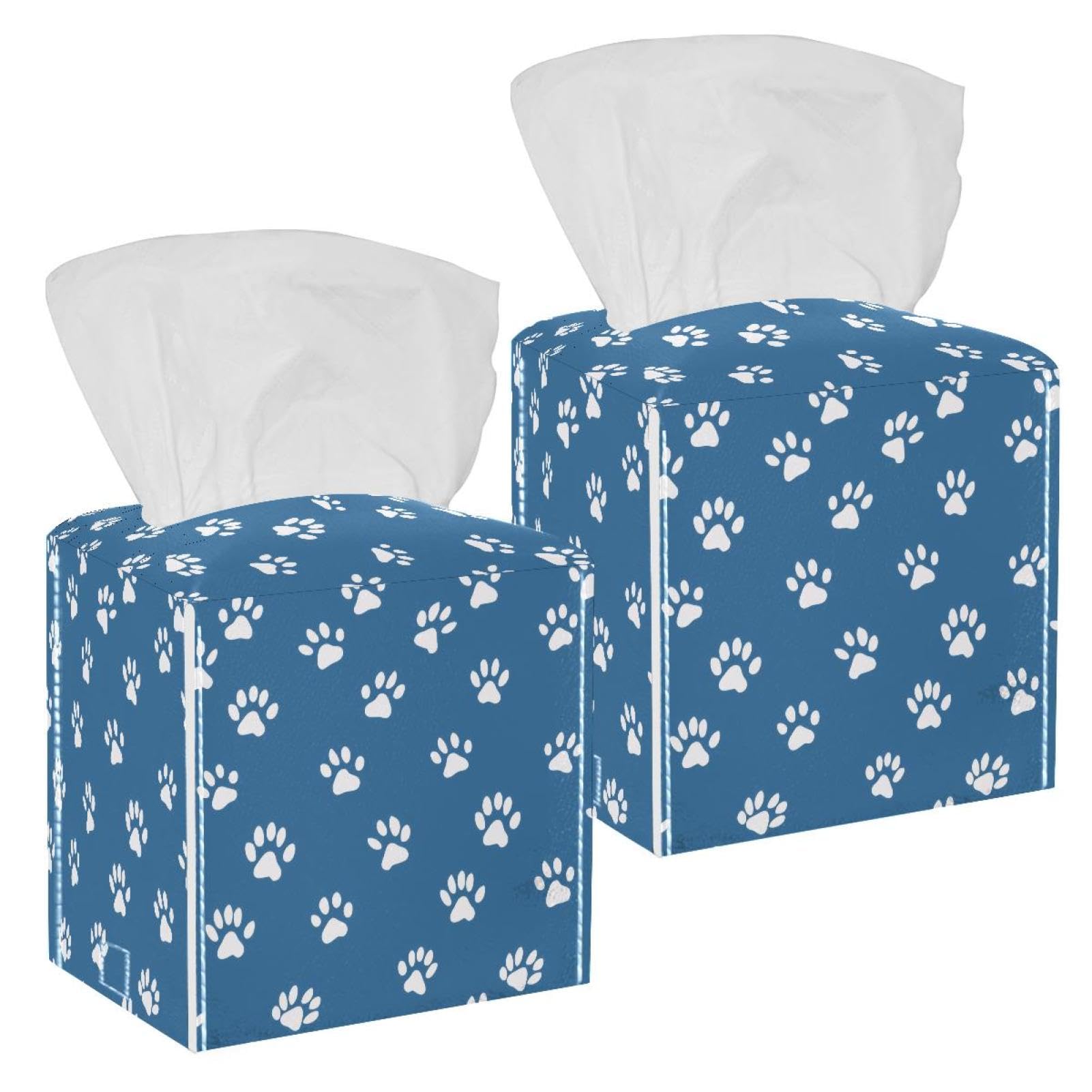 Dogs Paw Tissue Box Cover, 2 Pack PU Leather Square Facial Tissue Dispenser Box holder for Home Office Car