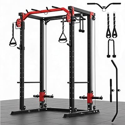 Power Cage with Dual Cable Machine, Squat Rack Pulley System for Home Gym
