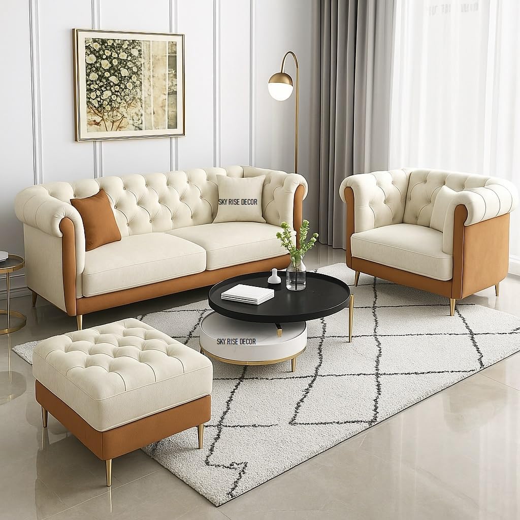 Modern Classic Sofa Couch Fabric & Valvet 3+1+1Footrest Tufted Chesterfield Sofa Living Room and Office (Orange & Beige)