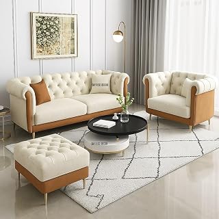 Modern Classic 5 Seater Sofa Set Couch Fabric & Valvet Tufted 3+1+1Footrest Chesterfield Sofa Living Room and Office (Orange & Beige) | Premium Material