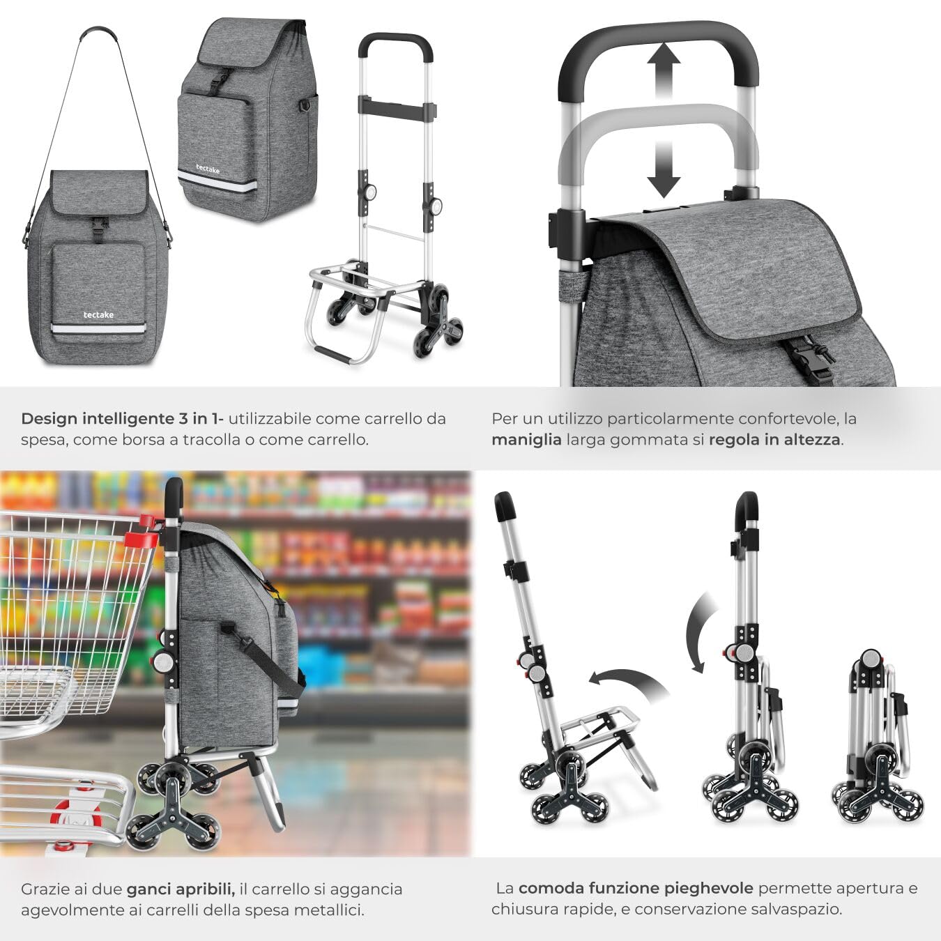 tectake® Carrello Spesa Shopper 3 in 1, Trolley Pieghevole con Borsa Termica per Surgelati, Carrello con Ruote Portatutto, Carrellino Spesa Con Ruote a Stella, Capacità max 30 kg / 56 L - Grigio