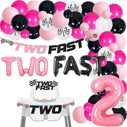 Juego de 80 piezas de decoración de fiesta rápida para niñas, decoración de fiesta de 2 cumpleaños con temática de carreras rosadas, dos banderines
