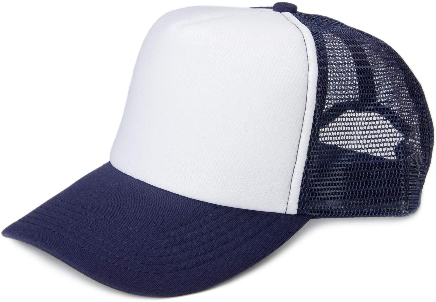 Stylebreaker Unisex White-Navy 5-Panel Mesh Cap, Trucker Baseball Cap, Adjustable Click And Snap Closure, Cap 04023007, Colour: