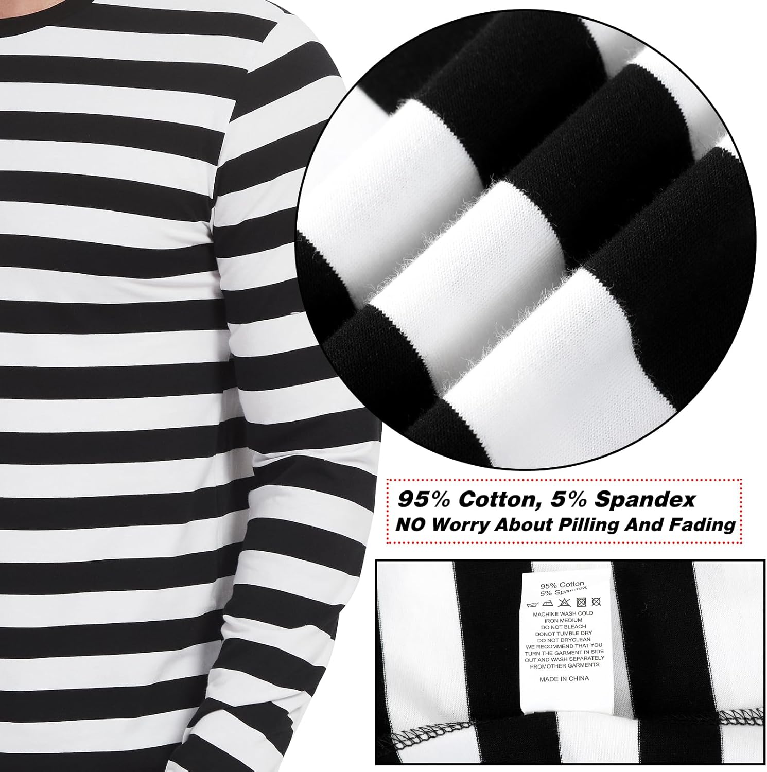 LEDING Mens Shirts Striped Cotton Spandex Crewneck Long Sleeve Black White Soft Elastic Cotton Basic Stripe tee Shirt - Image 4