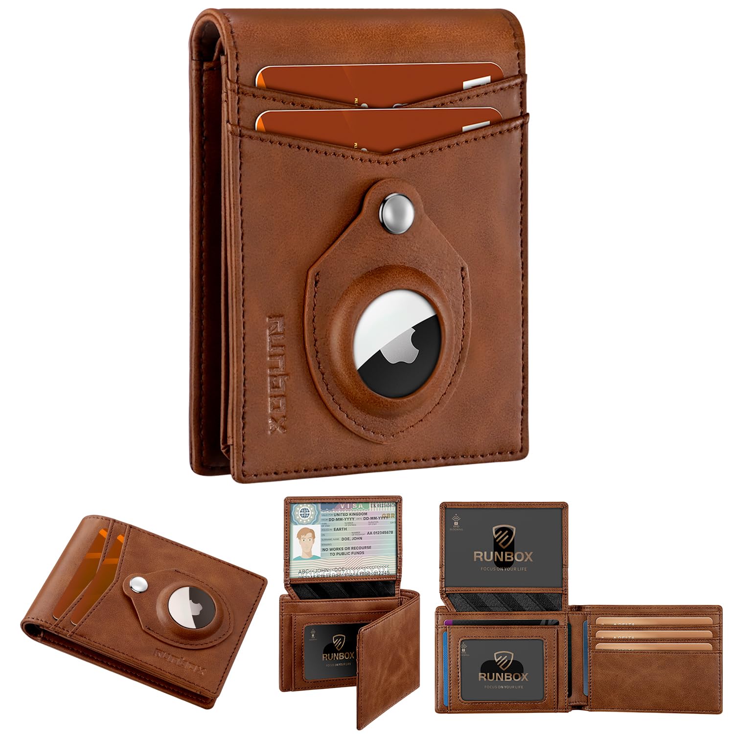 RUNBOX Airtag Wallet for Men Slim Rfid Leather 2 ID Window Gifts for Men