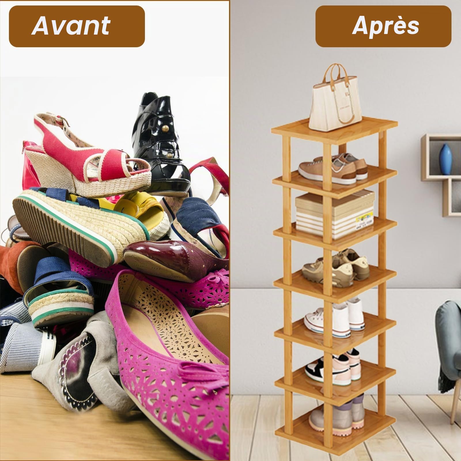 GAESHOW Étagère à Chaussures en Bambou, Armoire à Chaussures à 7 Niveaux, Etagere Chaussure, Rangement Chaussure pour Entrée, Salon, Chambre à Coucher, 25 × 23 × 115 cm