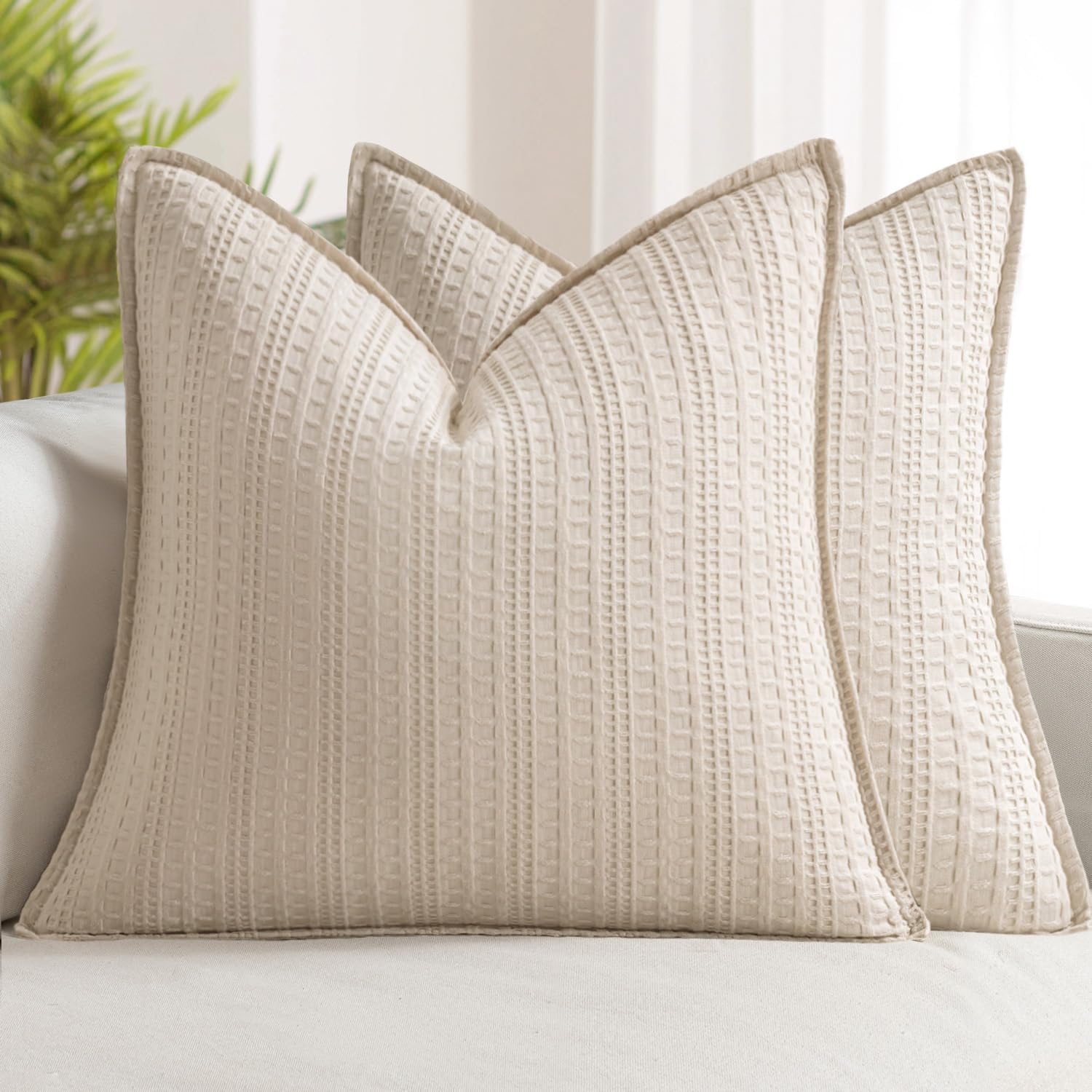 Woaboy Set of 2 Decorative 100% Cotton Waffle Euro Sham Pillow Covers 24x24, Neutral Soft Throw Pillows Weave European Cushion Cases for Couch Sofa Bed Modern Farmhouse Home Decor, Oatmeal